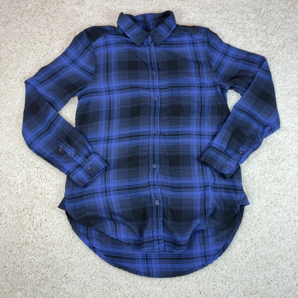 American Eagle Flannel Shirt Womens S Blue Plaid Boyfriend Fit Grunge Camping